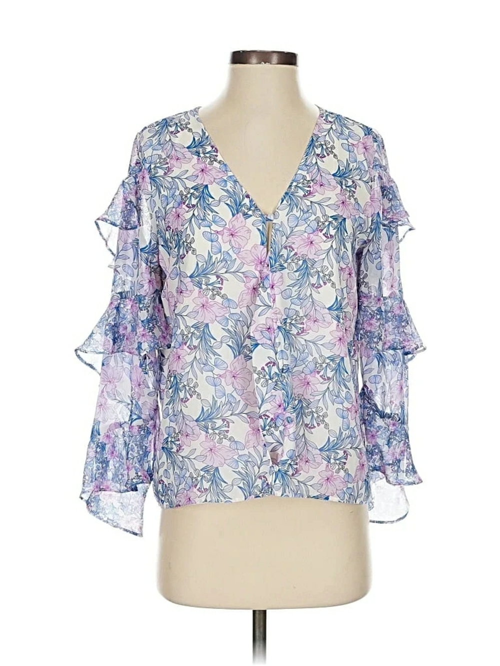Vince Camuto White Blouse with Blue and Lilac Floral Print